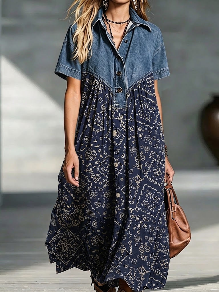 Midi Shirt Dress With Denim Patchwork And Vintage Paisley Print–