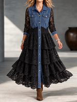 Women's Vintage Denim And Tiered Lace Maxi Dress - Button-down Western Boho Shirt Dress