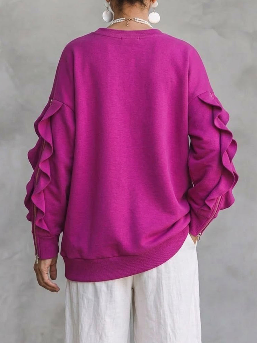 Locker sitzendes Sweatshirt mit Rundhalsausschnitt, Rüschen und Reißverschlussdetails