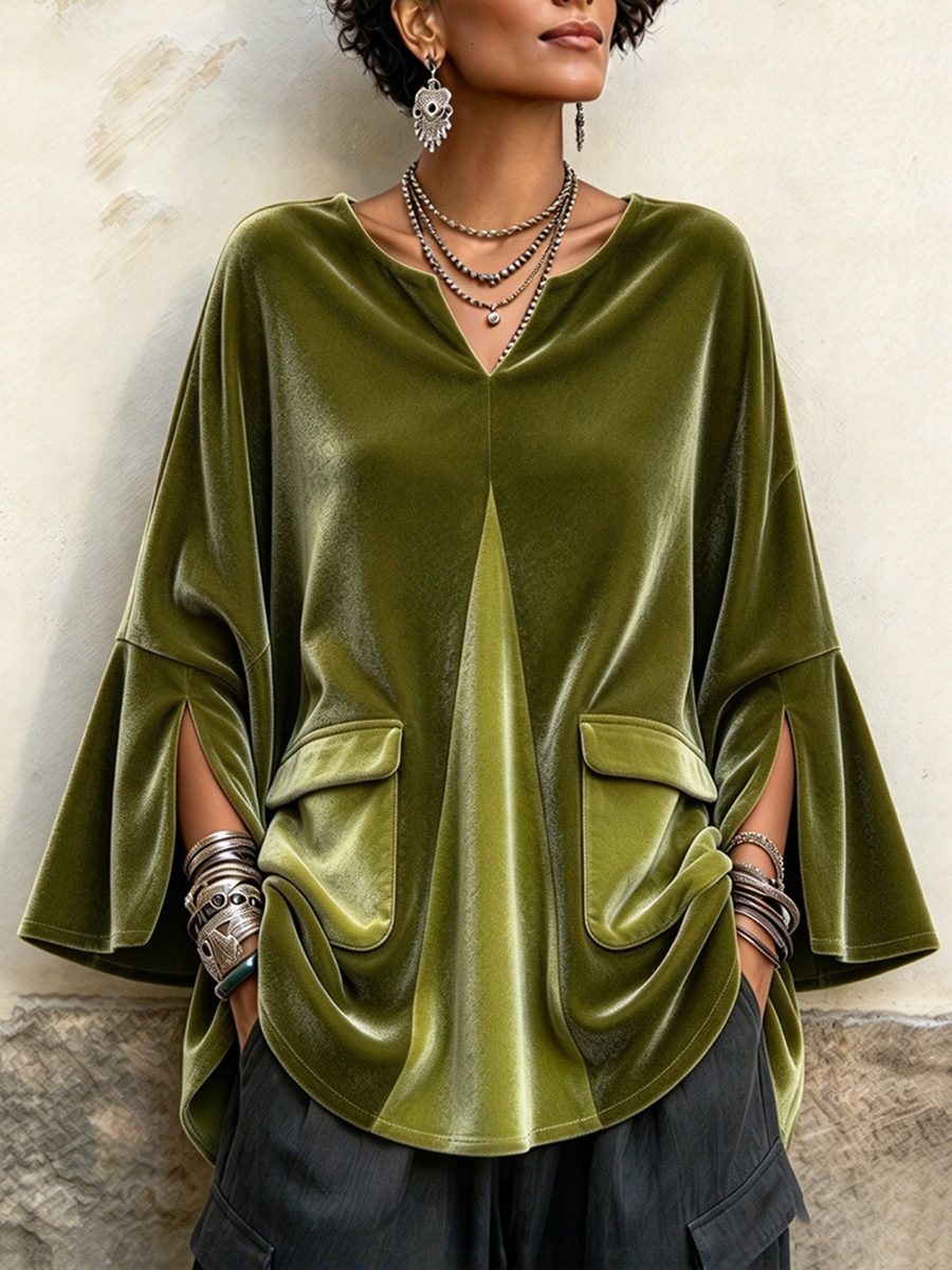 Elegante top tunica in velluto verde oliva con scollo a V