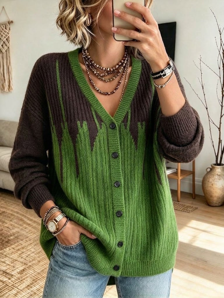 Chic Ribbed Knit Cardigan With Gradient Brushstroke Texture