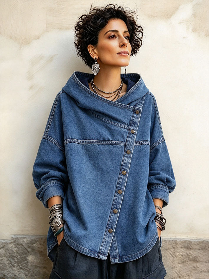 Malstreĉita Oversized Denim Asimetria Butona Kapuĉa Jako