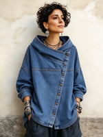 Malstreĉita Oversized Denim Asimetria Butona Kapuĉa Jako