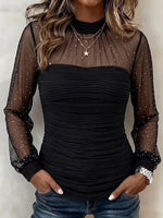 Fitted Long-sleeve Top With Hot-fix Rhinestone And Mesh Paneling And Ruching