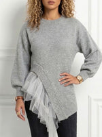 Round‑neck Irregular Tulle Spliced Knit Sweater