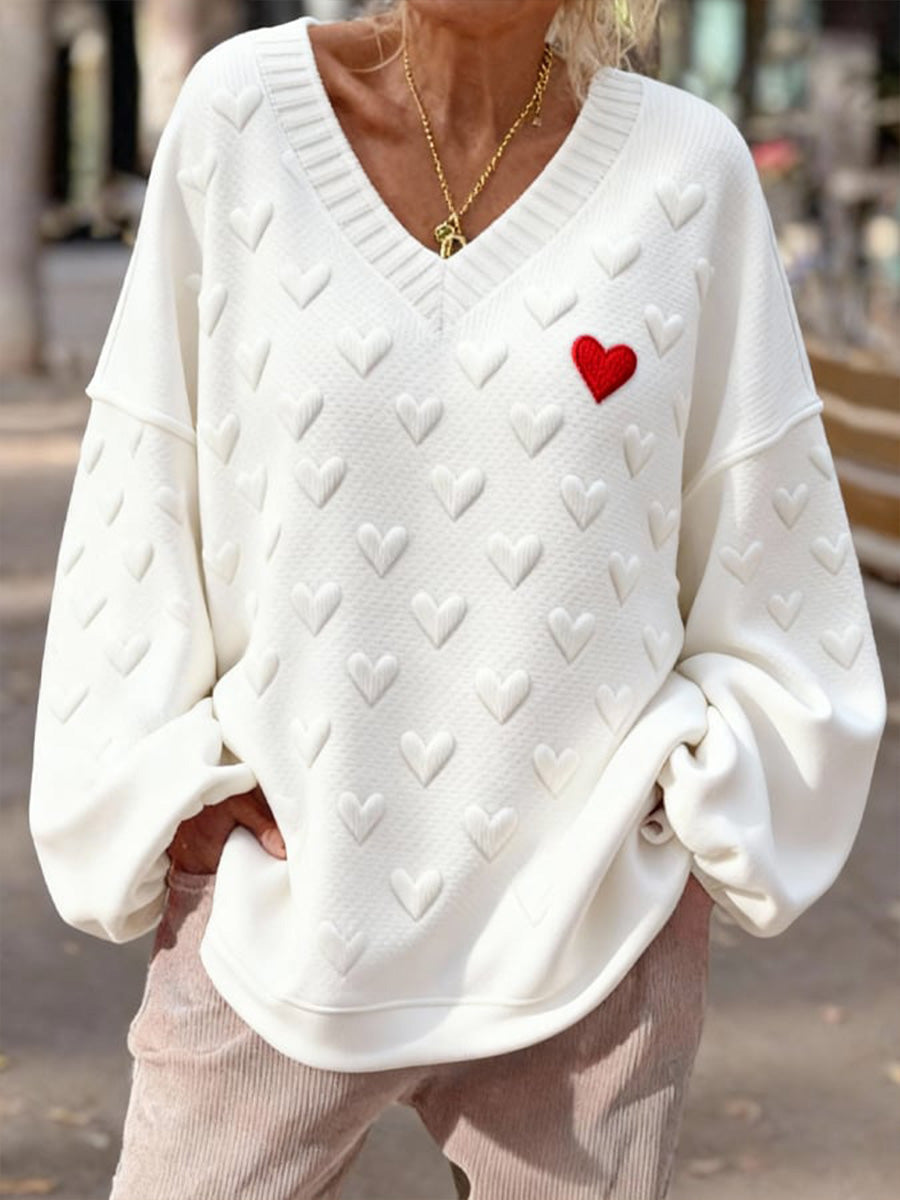 Pullover con scollo a V con cuore 3D testurizzato