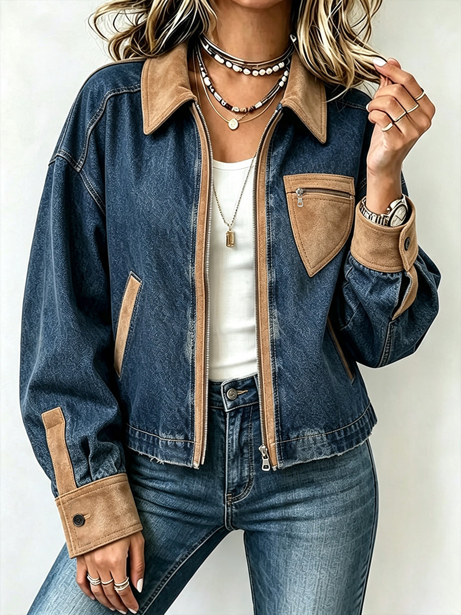 Casual Cropped Denim Jacket With Faux Suede Paneling And Zip Fastening