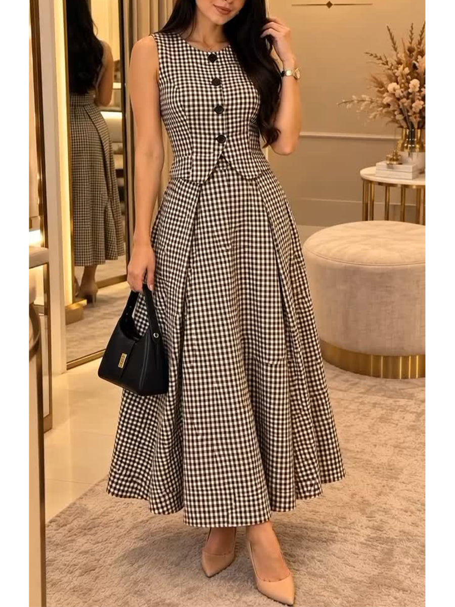 Conjunto de dos piezas de falda y chaleco de algodón a cuadros estilo vintage