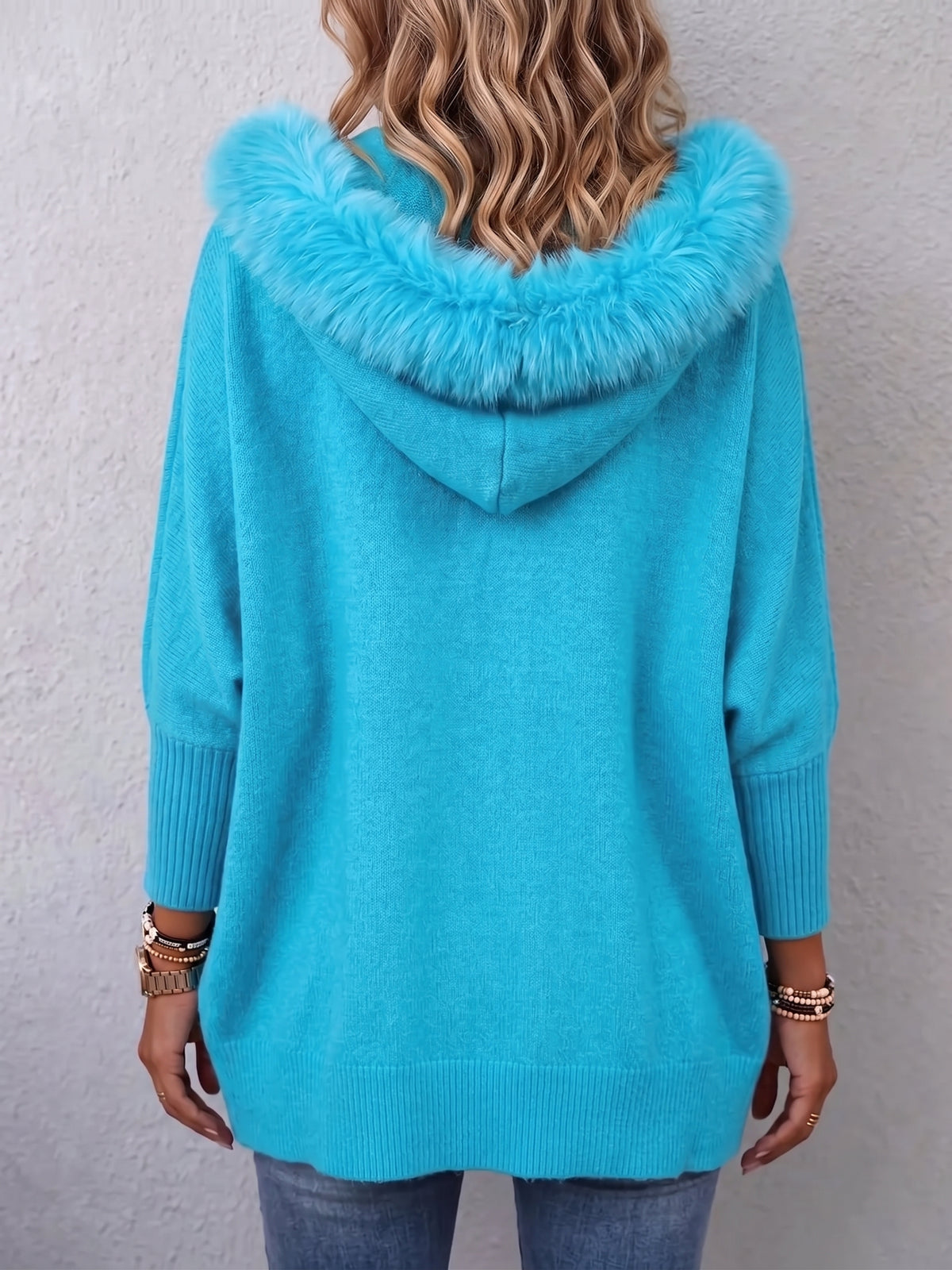 Turquoise Blue Faux Fur Trim Dolman Sleeve Hooded Cardigan