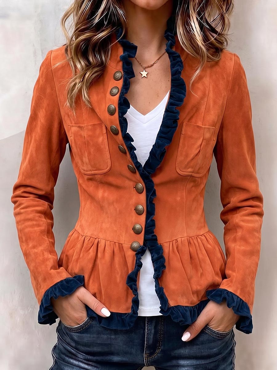 Vintage-Jacke für Damen im Wildleder-Look mit Schößchen und Rüschenbesatz.