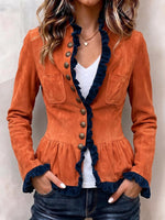 Vintage-Jacke für Damen im Wildleder-Look mit Schößchen und Rüschenbesatz.