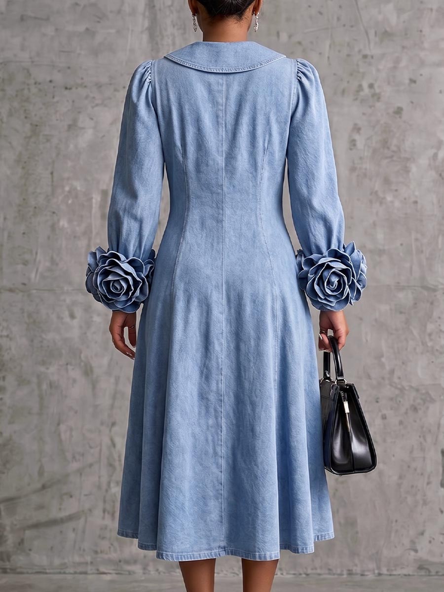 Women's Peter Pan Collar Three-dimensional Floral Long-sleeved Casual Loose A-line Denim Dress