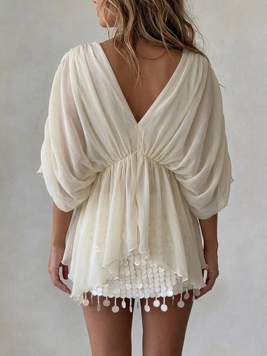 V-neck Twist-front Draped Chiffon Batwing-sleeve Blouse