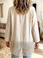 Cardigan aperto sul davanti con frange ricamate color crema bohémien