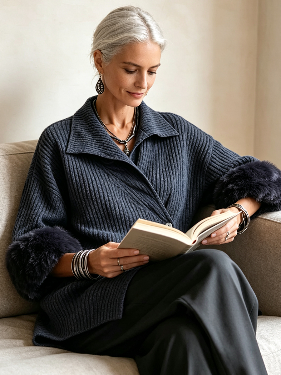 Cozy Ribbed Fur-trimmed Knitted Cardigan