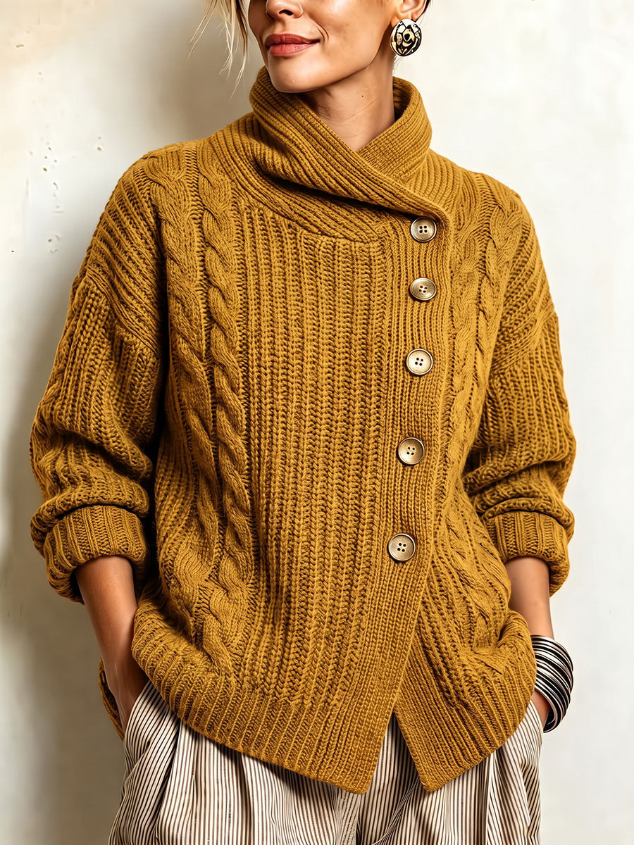 Cozy Chic Mustard Cable-knit Asymmetrical Cardigan Sweater