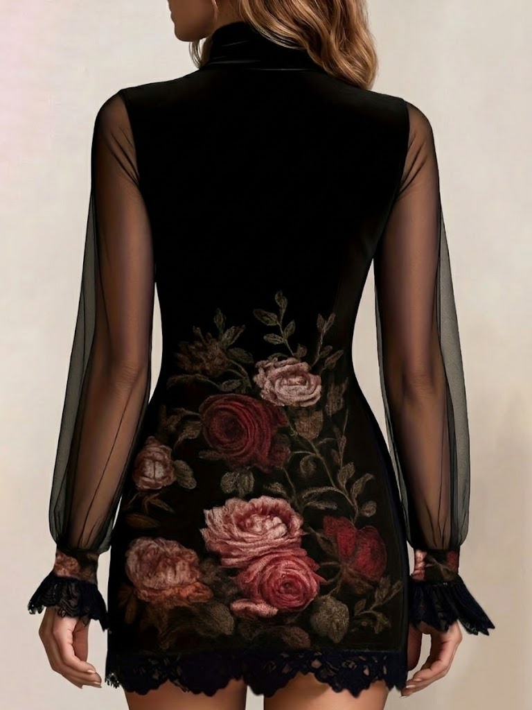 Minivestido ajustado con estampado floral y paneles de malla