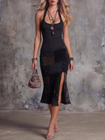 Women's Round Neck Sleeveless Camisole Dress With Knitted Patchwork Retro Print