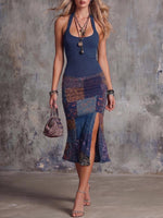 Women's Round Neck Sleeveless Camisole Dress With Knitted Patchwork Retro Print