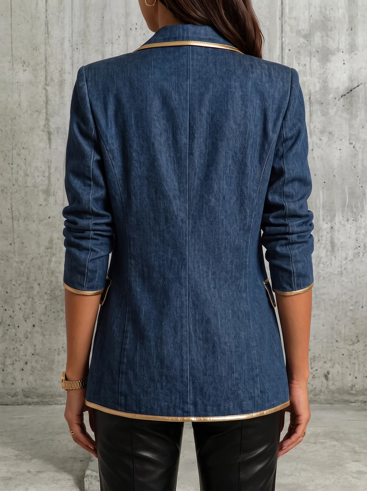Metallic Gold Trim Grommet Detail Denim Blazer