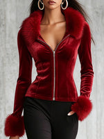 Elegant, Glamorous, Fitted Stretch-velvet Zip Jacket With Faux-fur Trim.
