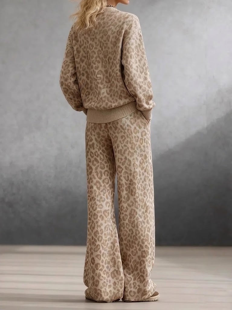 Cozy And Casual Leopard-print Knit Pullover And Pants Two-piece Set