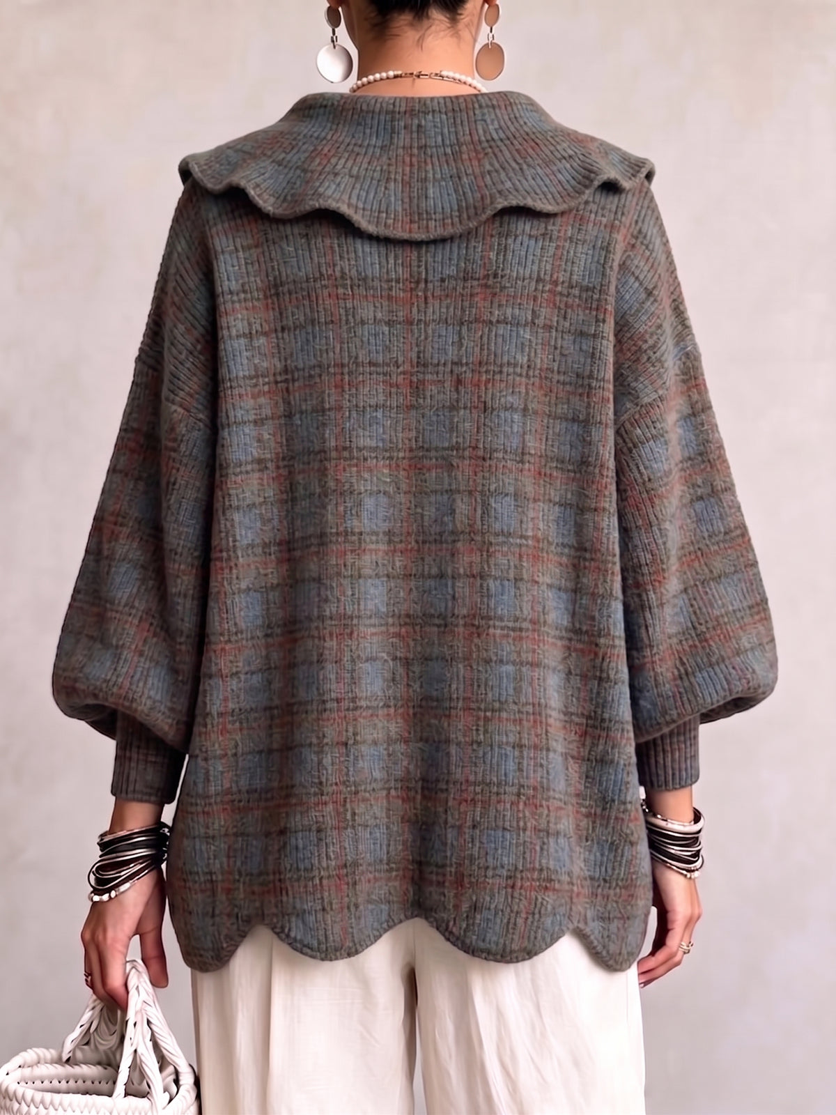 Vintage-Inspired Plaid Scalloped Knit Cardigan