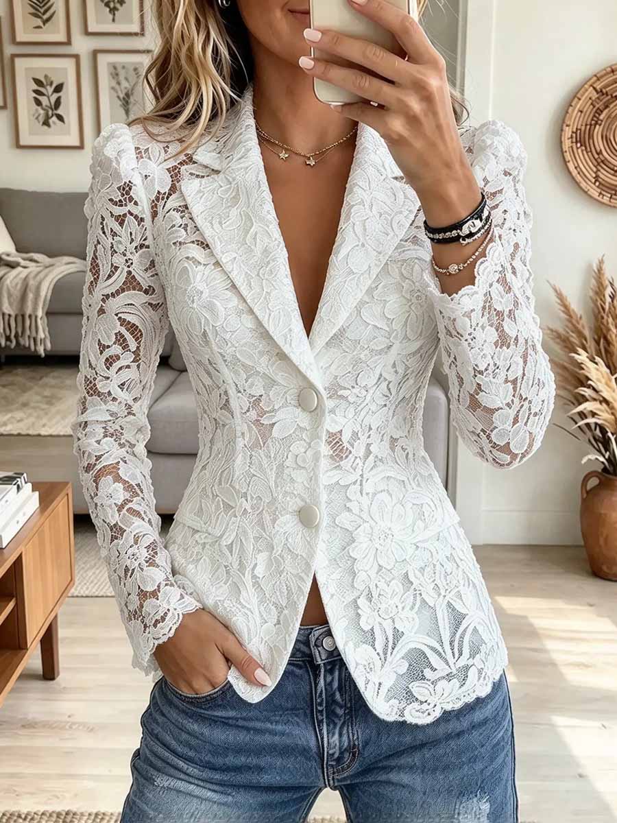 Women's Floral Lace Blazer Long Sleeve Sheer Button Down Tailored Suit Jacket