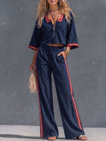 Women's Square Neck 3/4 Sleeve Casual Loose Cotton Linen Top And High Waist Wide Leg Pants Cotton Linen Set
