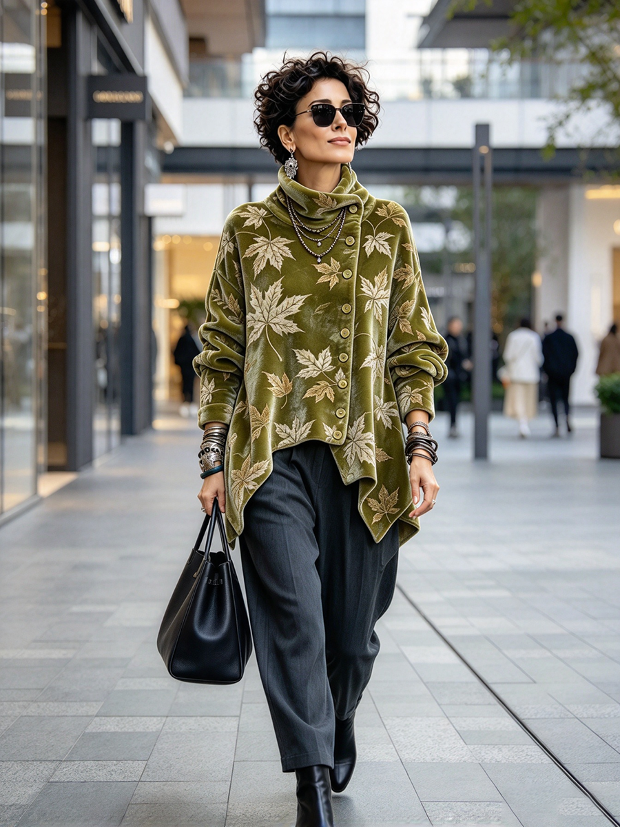 Chic Maple Leaf Print Velvet Asymmetric Fall Winter Pullover Top