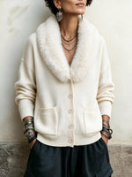 Vintage Faux Fur Collar Grey Knit Cardigan with Pockets