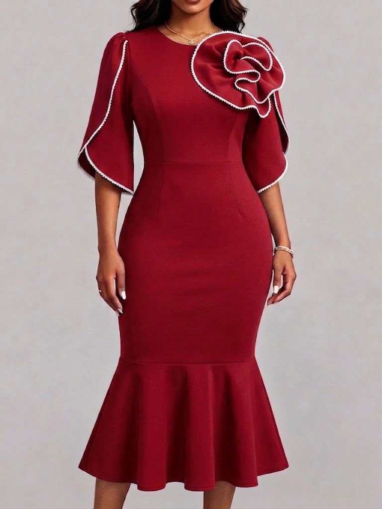 3d Floral Applique Flare Sleeve Mermaid Midi Dress