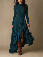 Elegante vestido midi de punto asimétrico con detalle retorcido que define la cintura