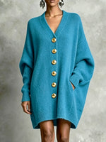 Relaxed-fit V-neck Knit Cardigan Dress With Gold Buttons