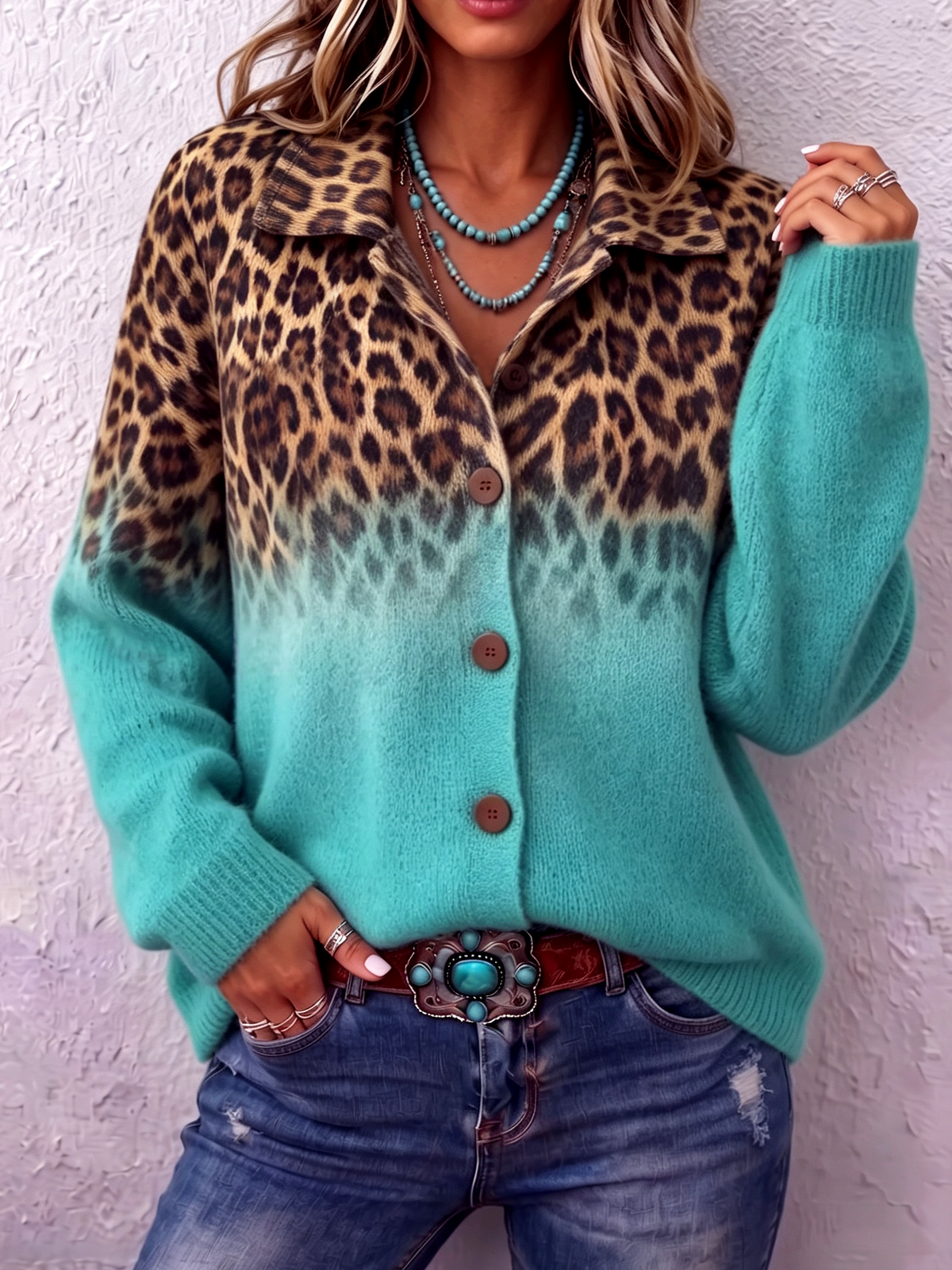 Boho Chic Ombre Leopard Print Knit Sweater
