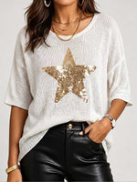 Women's Round Neck Short Sleeve Sequin Star Casual Loose Knit Top