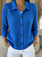 Cozy Vibrant Blue Ribbed Collared Button-down Cardigan Sweater
