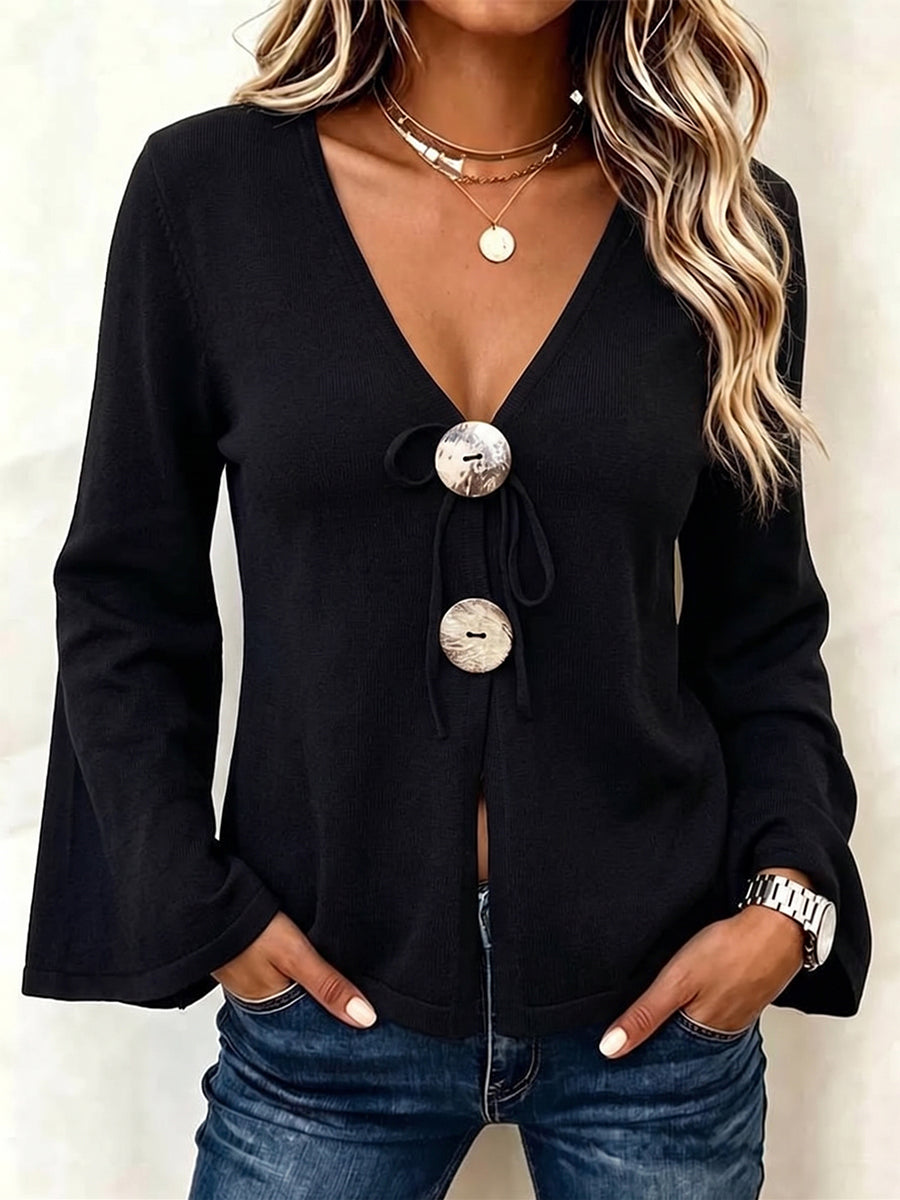 Top chic con scollo a V annodato in maglia