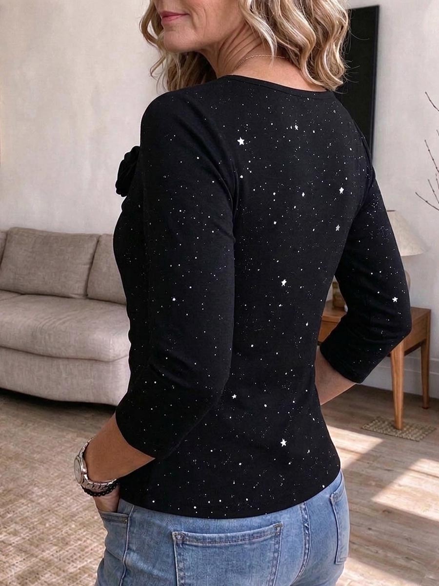 Women's Star Print Asymmetrical Neck Top With 3d Rosette