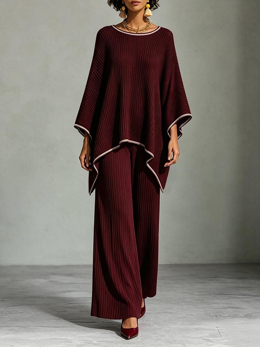 Loose And Cozy Two-piece Set Featuring A Ribbed Knit Top And Pants With Contrasting Piping.
