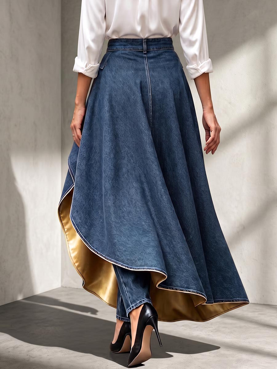 Women's High-waisted Denim Wrap-style Asymmetric High-low Satin-lined Skort With Contrast Lining