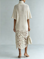 Elegant Crochet-Trim Knit Turtleneck Dress