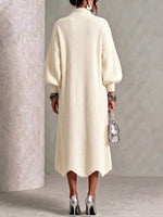 Mock Neck Diagonal Metal Button Lantern Sleeve Knit Midi Dress