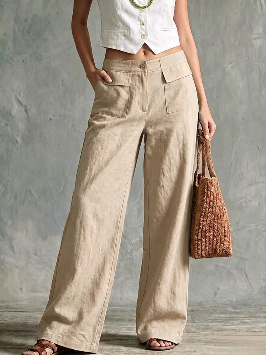 Women's Solid Color High-waisted Casual Loose Cotton Linen Wide-leg Pants
