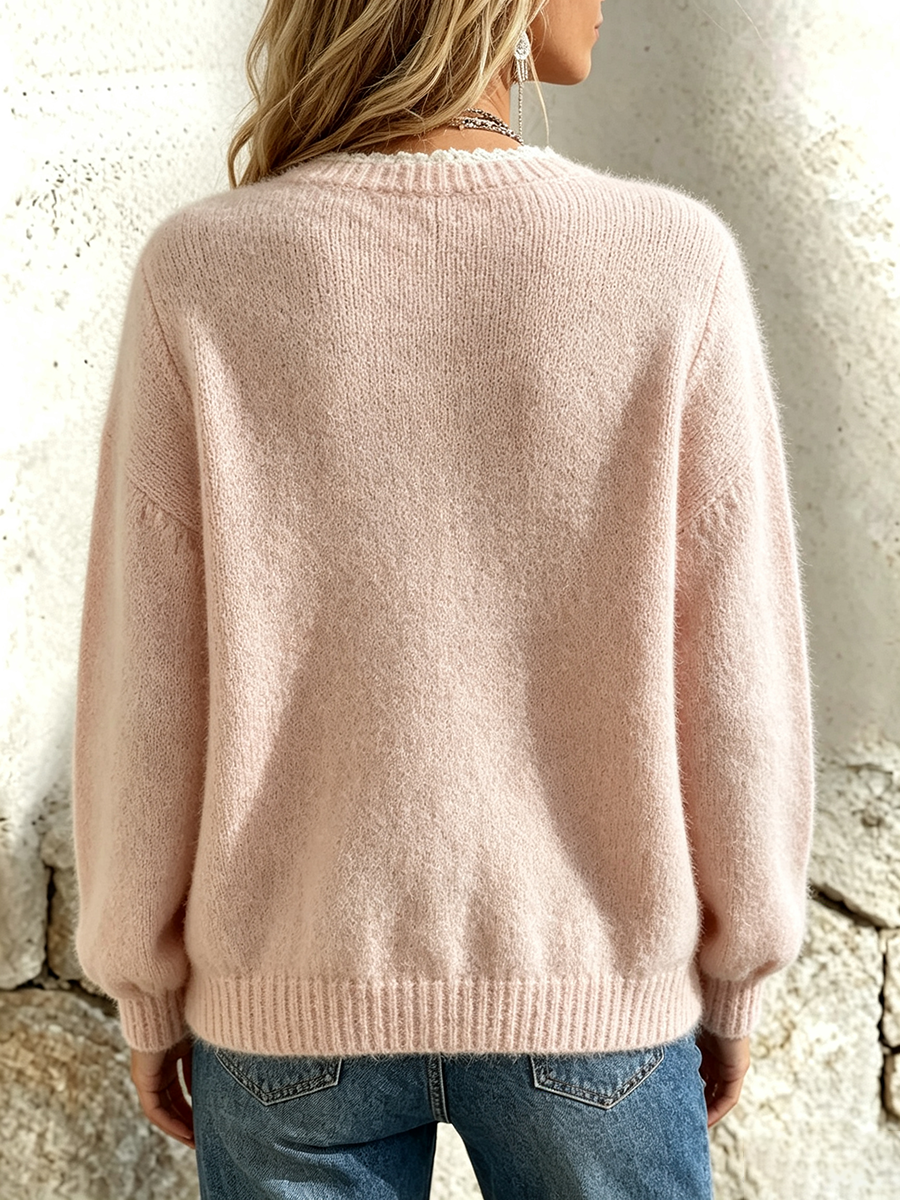 Elegant Crochet-trimmed Pointelle Knit Sweater Cardigan