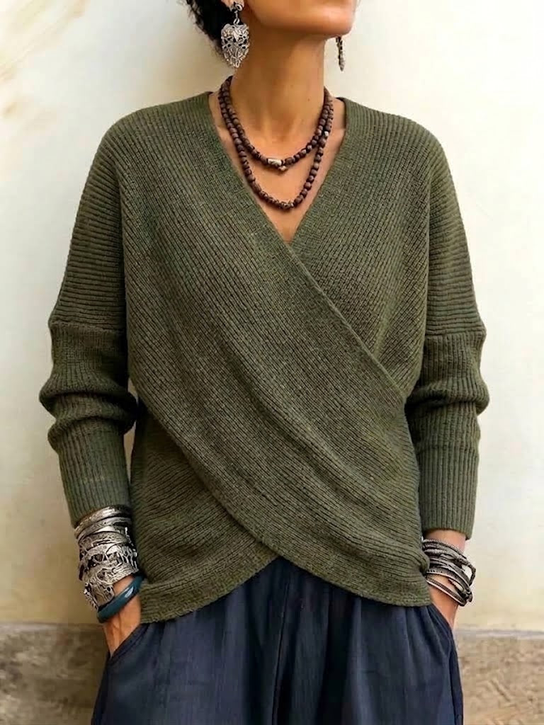 Long-manika V-kolo Wrap-stila Trikita Svetero
