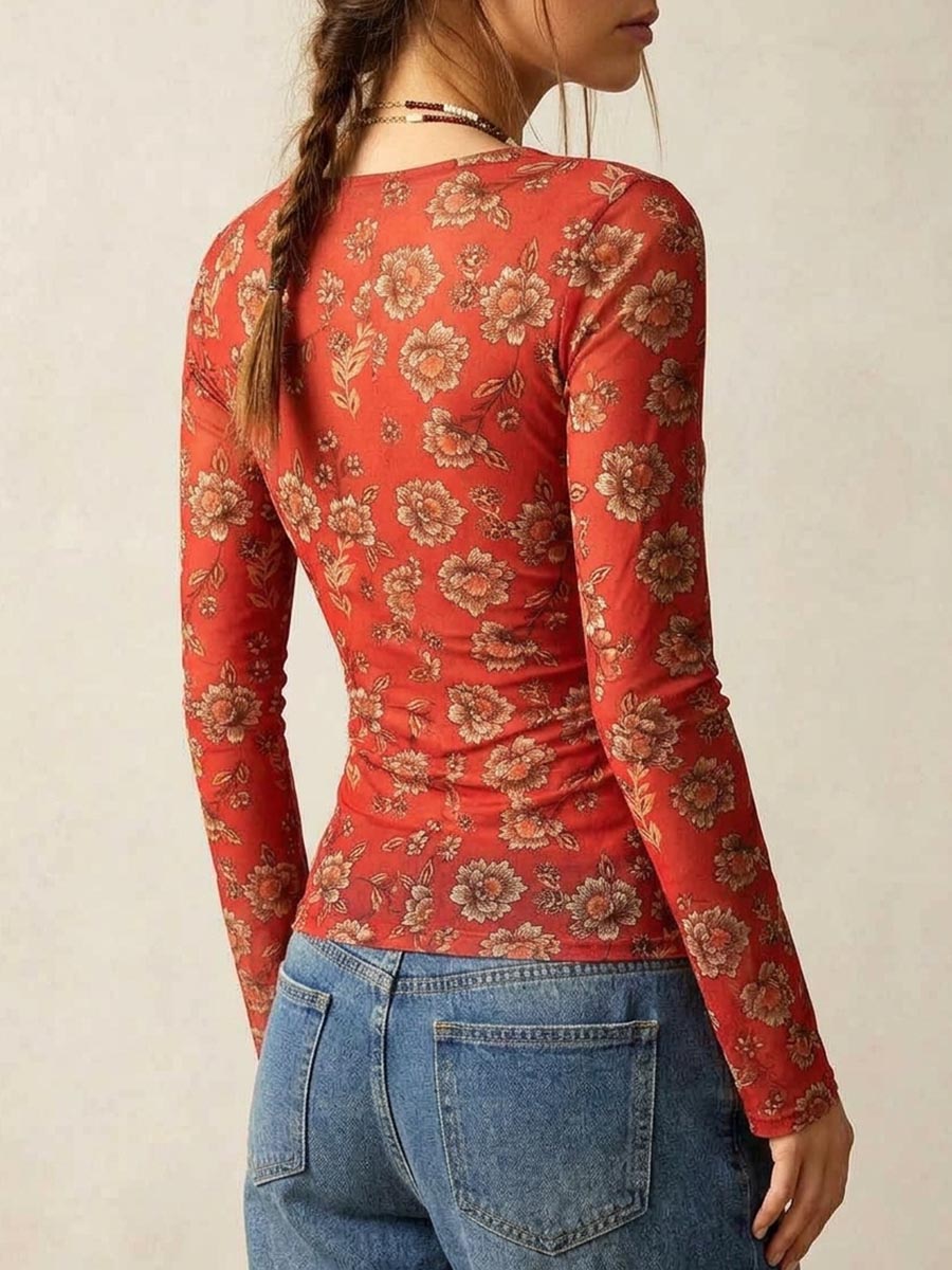 Damen-Oberteil mit Boho-Blumendruck, V-Ausschnitt, Knopfleiste und Rüschen