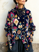Vintage Flora Kaj Geometria Malsimetria Turtleneck Top