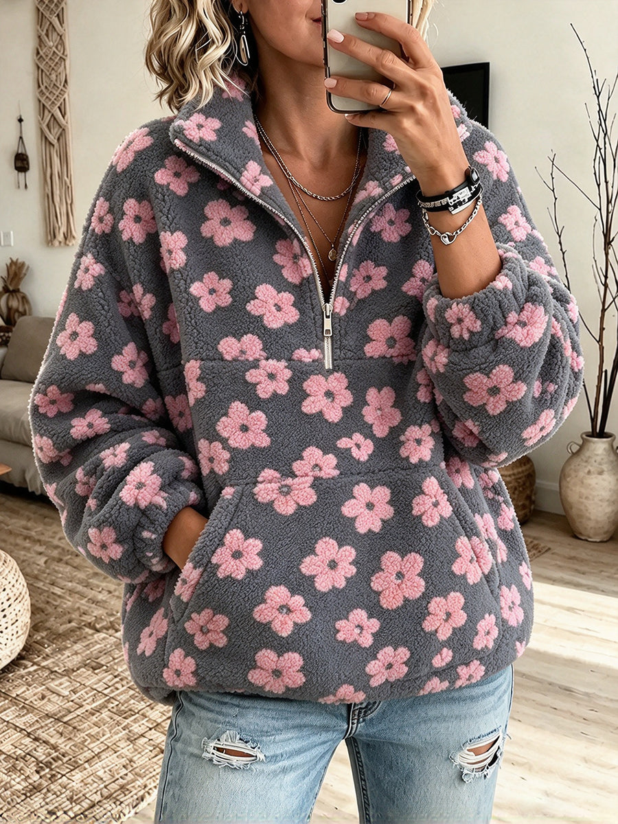 Lässiges, florales Fleece-Sweatshirt mit halbem Reißverschluss
