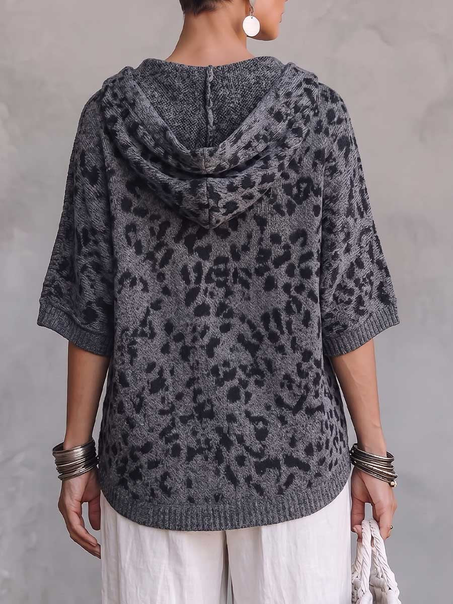 Women's Leopard Print V-neck 3/4 Sleeve Casual Loose Hooded Pullover Knit Sweater